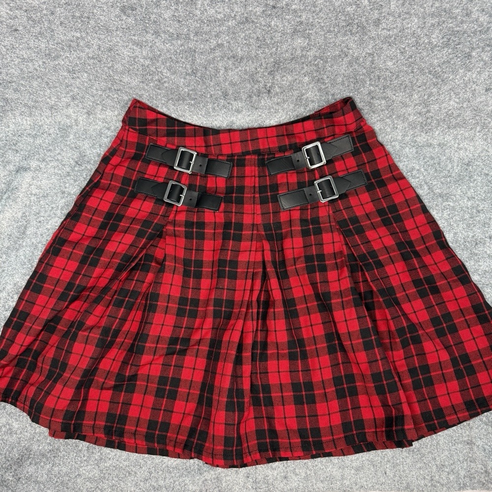Hot Topic Mini Skirt Womens XS‎ Red Black Buckles Plaid Pleated Punk Goth Y2K